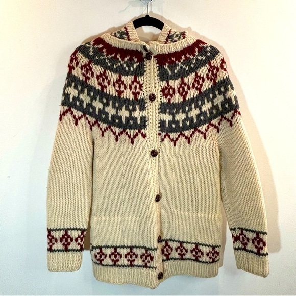 Handmade Sweaters - CARDIGAN Sz M Buttoned  Hooded Icelandic Design Seam Pockets Handmade Cardigan